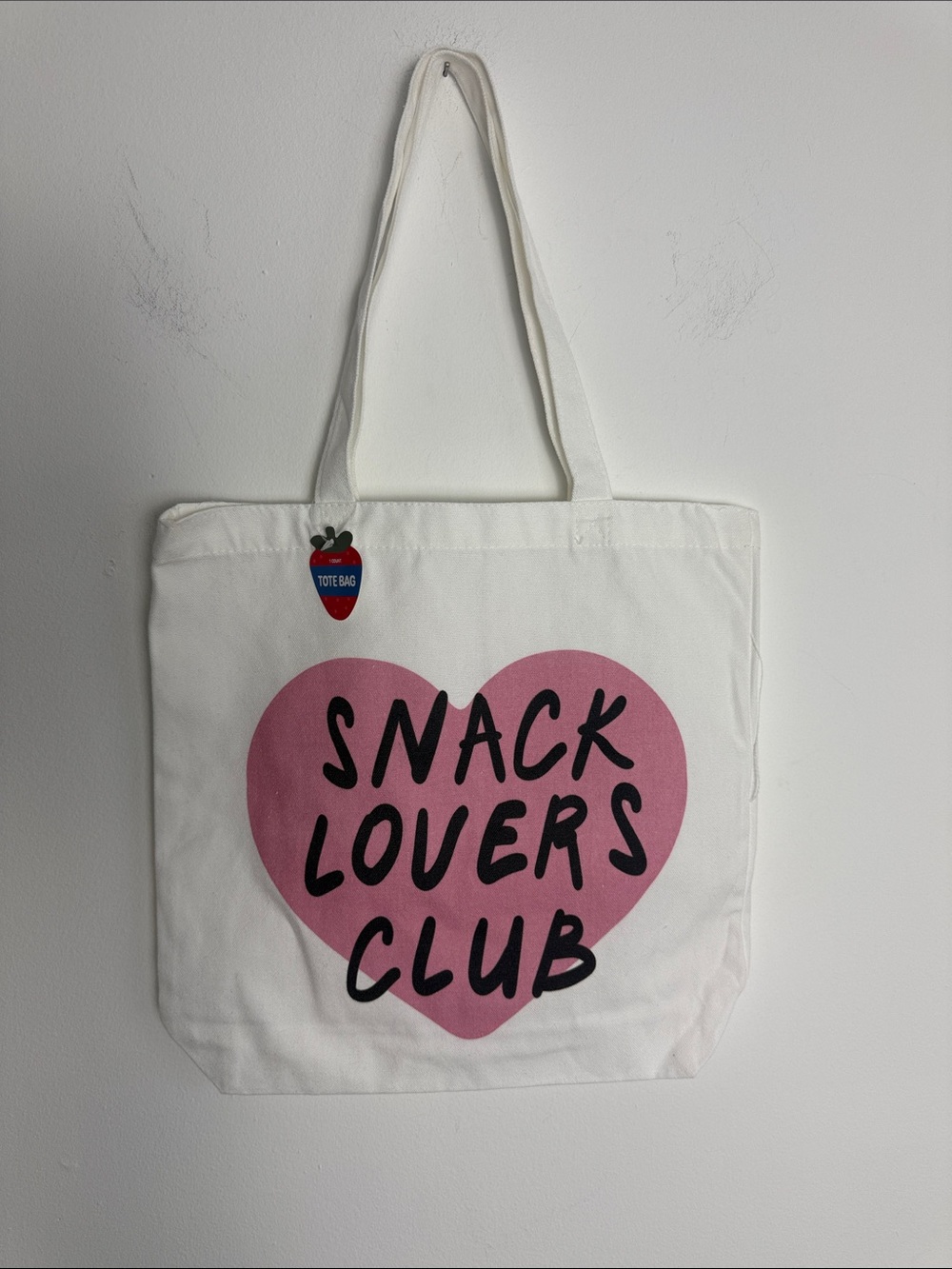White Canvas Tote with Pink Heart "Snack Lovers Club"